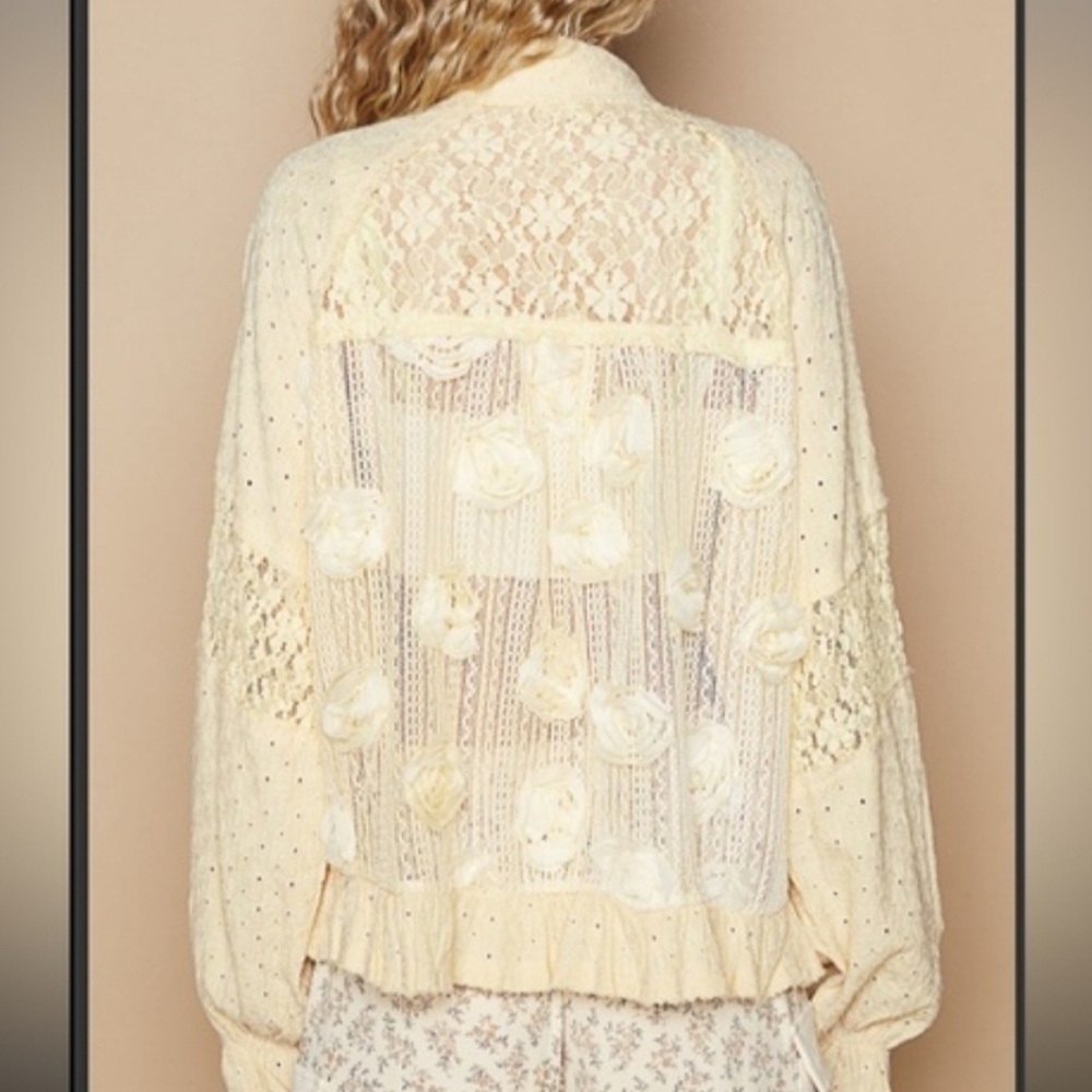 Yellow Lace Button-Up Blouse - Picture 2 of 5